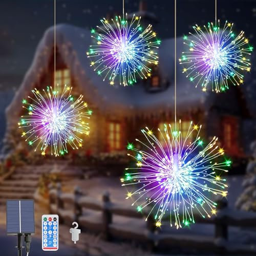 Acxilexy 4 Stück Solar Feuerwerk Lichterkette, 480 LEDs Wasserdicht hängende Feuerwerk Lichter, 8 Modi Feuerwerk Licht, Fernbedienung, Kupferdraht Feuerwerk Lichter für Außen Garten Baum Deko