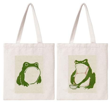 Lamkidle Süße Frosch-Tragetasche, ästhetische, lustige Frosch-Tragetasche, Baumwoll-Leinen-Tasche für Frauen, Geschenktasche, wiederverwendbare Einkaufstasche, Strandtasche