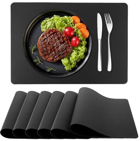 FWEEK 6er Set Tischsets Abwaschbar, 43x30CM Schwarz Lederoptik Kunstleder Wasserdicht, Platzset Abwaschbar, Tischuntersetzer rutschfest Tischset, Leder Platzdeckchen Tischdeckchen