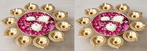 Prisha India Craft Diya Shape Flower Decorative Urli Bowl for Home Handcrafted Urli Bowl for Floating Flowers and Tea Light Candles Home,Office and Table Décor, Metal, 10 Diyas (Set of 2)