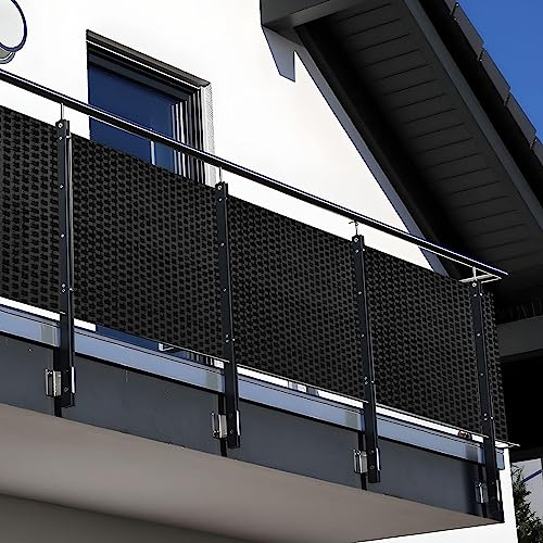 NYVI Polyrattan Balkon Sichtschutz Privafence 90x300 cm Schwarz - Wetterfeste Balkonbespannung - UV-fest, Witterungsbeständig, 100% Blickdicht - Balkonumspannung Balkonumrandung 0.9x3 m