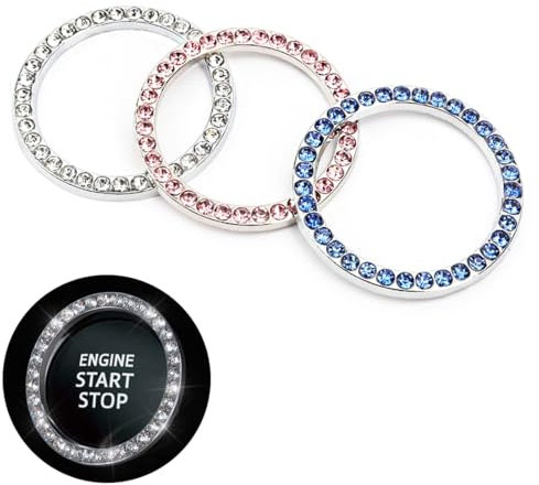 WeddHuis 3 Pcs Start Stop Knopf Deko Blau Rosa Strass Auto Ring Glitzer Aufkleber Kristall Schlüsselbund Zubehör für Wagen Motorrad Auto Zubehör Frauen Dekorationen