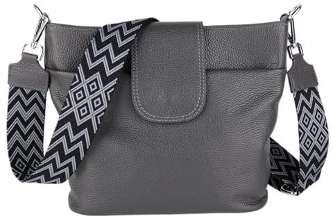 MIRROSI® Umhängetasche Damen, Echtleder, Made in Italy, BOHO Style30x24,50x9cm (BXHXT) viel Stauraum, Handtasche, Brusttasche, Crossbody Bag (1 Tasche & 2 Gurte) (Dunkelgrau (BOHO))