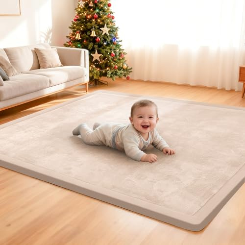 ACOMOPACK Baby Play Mat, 3.5CM Thick Memory Foam with Coral Velvet Cover, Non-Slip Activity Rug for Tummy Time & Crawling, Nursery Floor Padding for Kids (150×200cm,Beige)