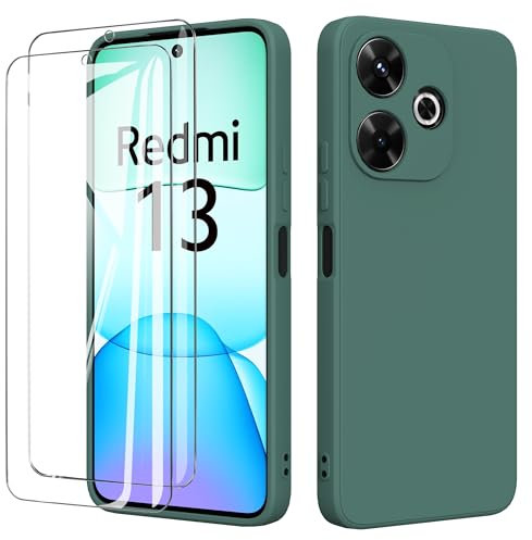 binandteam Coque pour Xiaomi Redmi 13 4G (6.79) avec 2 Verre Trempé Protection écran,Housse Liquide Souple en Silicone TPU Antichoc Bumper Étuis Anti Rayures Case Cover - Vert foncé