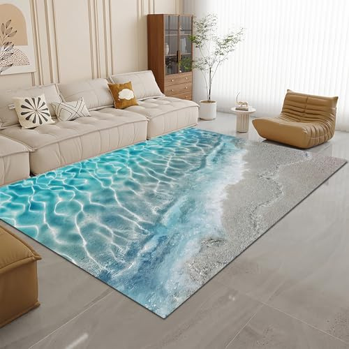 Teppich Strand Wasser Wellen Design Rechteckig Teppiche 140 x 200cm in Blau, Waschbarer Weich Kurzflor Teppiche Anti-Rutsch Unterseite Home Teppich Wohnzimmer Schlafzimmer Jugendzimmer