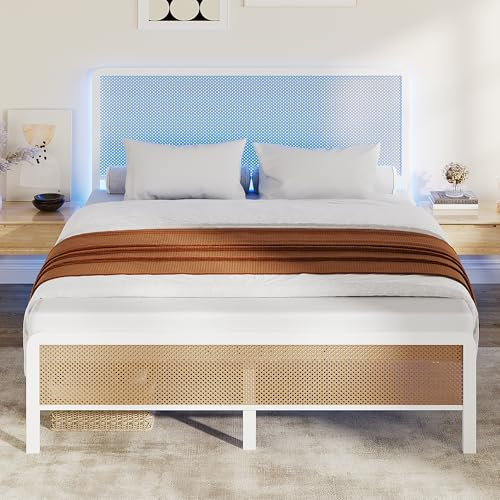 GarveeHome Full Size White Rattan Bed Frame with LED Lights, Bed Frames with Rattan Headboard, Metal Rattan Platform with Under-Bed Storage, No Box Spring Needed, Noise Free