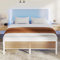 GarveeHome Full Size White Rattan Bed Frame with LED Lights, Bed Frames with Rattan Headboard, Metal Rattan Platform with Under-Bed Storage, No Box Spring Needed, Noise Free