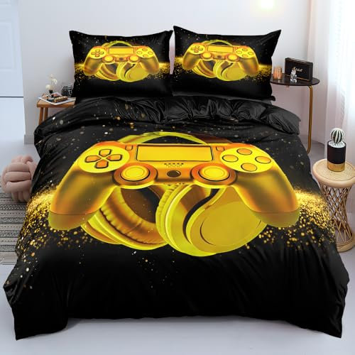 Luofanfei Gaming Bettwäsche 135x200 Gamer Gamepad Spiele Jungen Jugendliche Schwarz Gold Gamer Dekorativ Wende Bettwäsche Set 3D Druck Microfaser Bettbezug und Kissenbezug 80x80cm mit Reißverschluss