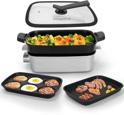 AEWHALE Griglia Elettrica Multifunzionale 3-in-1,1500W Griglia Elettrica a Fondo Piatto e Padella Profonda, Rivestimento Multifunzionale Antiaderente, Utilizzato per barbecue, cottura a vapore