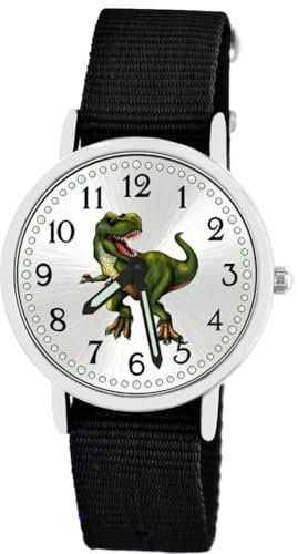 Brecjon Kinder Armbanduhr Jungen Jungenuhr Kids Dinosaurier T Rex Leuchtzeiger 5ATM Wasserdicht Textil Armband schwarz 5105