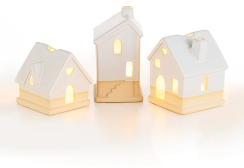 Lichthäuser Weihnachten Lichthaus Keramik Weihnachtsdeko: 3er Set Lichthaus Weiss Teelichthaus Haus Deko Porzellan Lichterhaus für Teelicht Windlicht Geschenk Einzug Boho Landhausstil Deko