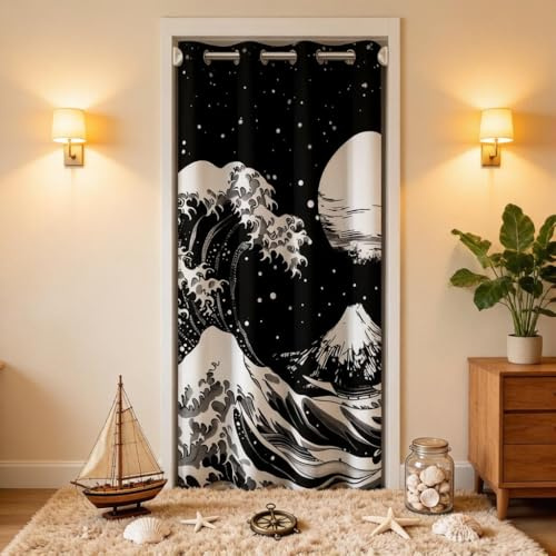 Loussiesd Japanischer Türvorhang, Sichtschutzvorhang, Wellenberge, Fuji-Muster, orientalisches Mond-Thema, lichtblockierend, 106 x 203 cm, Weiß/Schwarz