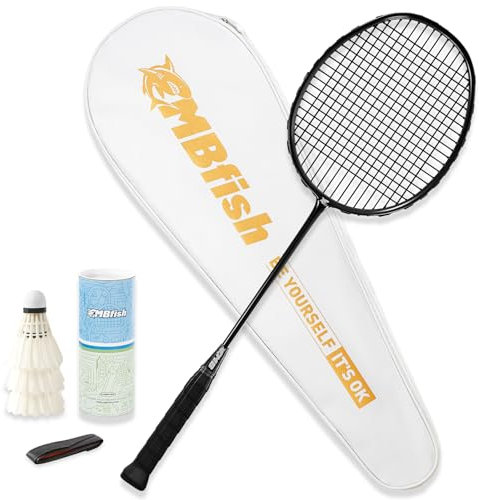 MBFISH Badmintonschläger-Set mit 1 Kohlefaser-Schläger, 3 Federbällen, 2 Ersatz-Griffbändern und 1 Badminton-Tasche, perfekt für Outdoor-Spiele und Fitnessstudio, 5U, Carbon-Schwarz, 1P