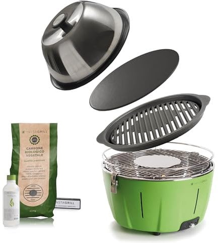 Classe Italy | Barbecue a Carbonella con Griglia in Ghisa, Coperchio cottura forno e Piastra. Da Balcone, Portatile. Include Batteria Ricaricabile, Carbone e Gel per accensione. MASTER GRILLER Verde