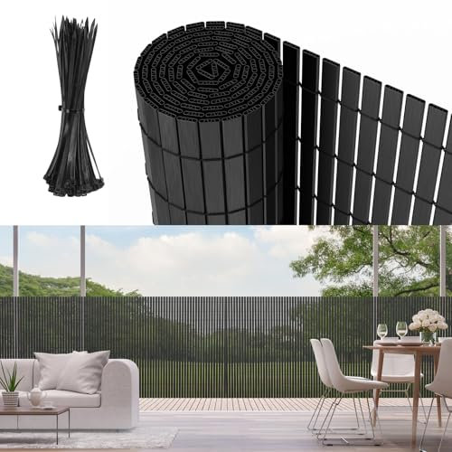 Sichtschutzmatte PVC Sichtschutzzaun mit verstärkten Lamellen 180x300cm Balkon & Garten Sichtschutz ohne Bohren, wetterfest & blickdicht, inkl. Kabelbinder, Windschutz für Terrasse, Anthrazit