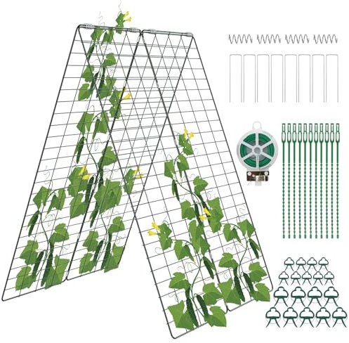 Amoskey Gurken-Rankgitter, Garten-Rankgitter für Kletterpflanzen im Freien, faltbares A-Rahmen-Spalier, Gurkenspalier für Hochbeet für Gurken, Erbsen oder Tomaten (grün, kleines Gitter 121,9 x 86,4 cm