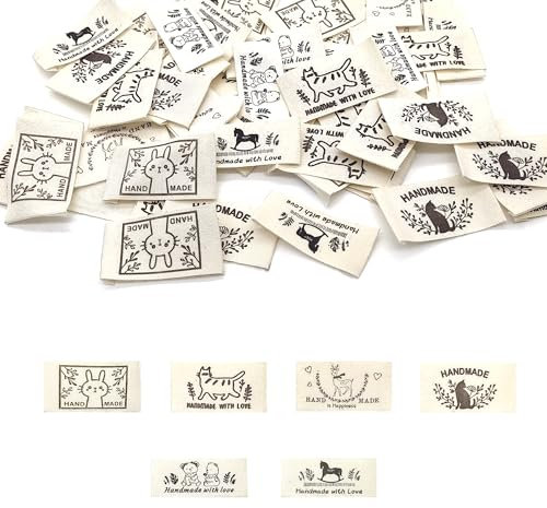 LIANCHEN 60 Pcs Stoff Labels Handmade Label zum Annähen Kleideretiketten Handmade Nähen Handgefertigtes Etikett Einnähen Textiletiketten Beige für Nähen, Kunsthandwerk, Stricken (Beige 2)