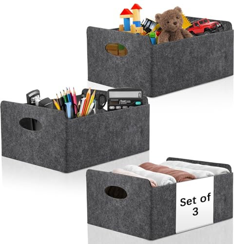 Starvortex 3Stk Filzkorb Aufbewahrung, Langlebig Faltboxen mit Tragegriff, Filzbox, Aufbewahrungskorb Grau, 30 x 25 x 15cm Aufbewahrungsbox Filz Organizer, Körbe für Regal, Kleiderschrank, Büro