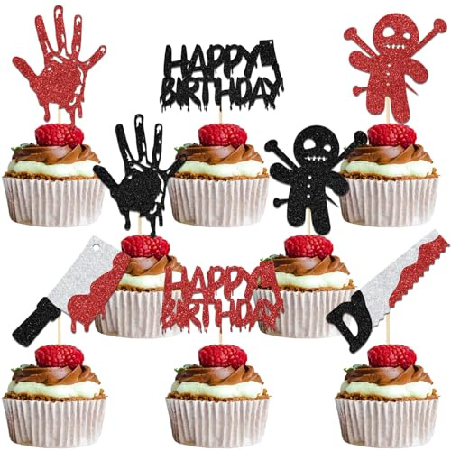 24Pcs Halloween Happy Birthday Cupcake Topper - Have a Killer Birthday - Horror Movie Birthday Party Decoration Black Red Glitter