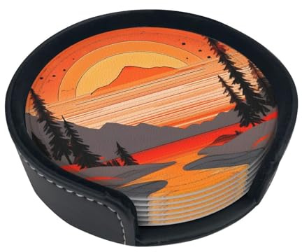 Tree Hills And Rivers Coasters Set Of 6 With Storage Box, #Round Coaster Set Fits Various Mugs, 3.9 Inches (Approx. 10cm).