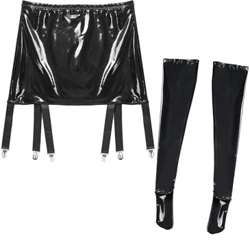 Sinleey Women Set di Reggicalze in Pelle con Cintura Larga E Clip Metallici Gonna Wetlook Set di Calze in Latex E Pelle Nero L