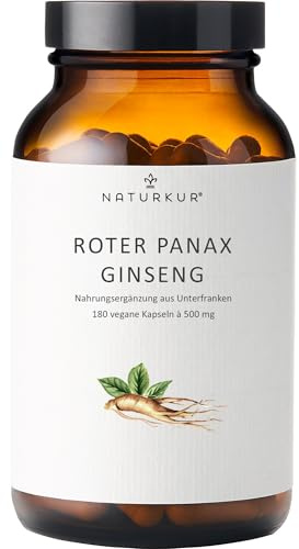 Naturkur® Ginseng 500mg - 180 Kapseln im Apothekerglas - Roter Panax Extrakt - 20% Ginsenoside, vegan, ohne Zusatzstoffe, hergestellt in Unterfranken