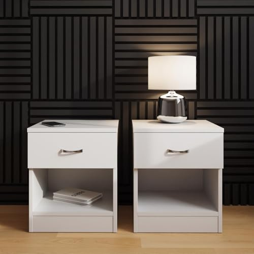 FWStyle Pair of Promo 1 Drawer Nightstands – Set of 2 White Bedside Tables with Drawer & Open Shelf – Modern Scratch-Resistant Bedroom Furniture with Chrome Handles