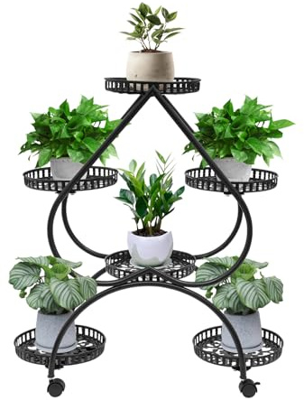TTISJHK Pflanzenständer mit 4 Ebenen & 6 Ablagen, Herzförmiges Design, Eisen Pflanzenregal mit Rollen, Blumentopfständer Metall, Stabil & Rostfrei, Indoor Blumenregal für Balkon Wohnzimmer Garten