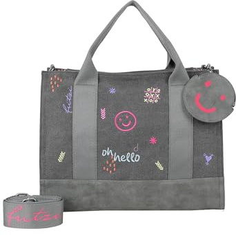 Fritzi Tote Bag Limited Embro Fun Shopper Canvas Damen Handtasche Stickerei Festival City Pocket Webbing-Gurt 29,5 x 40 x 14 cm - Anthrazit, Sand