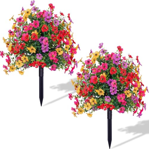 Künstlicher Buchsbaum-Kugelbaum für den Außenbereich mit Veilchen,2er-Set Kunstblumen,UV-beständiger, künstlicher Strauch,Geeignet für die Dekoration von Veranda,Balkon und Innenhof (Farbe)