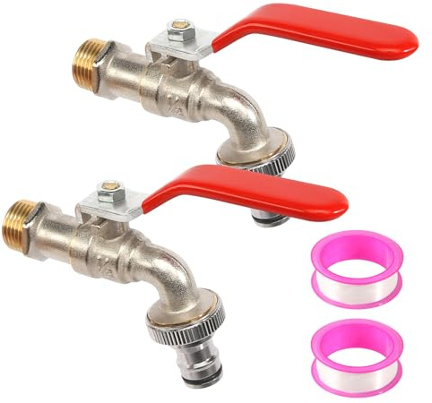 2 Stück Garten Wasserhahn mit Gartenschlauch Messing Adapter 1/2 Zoll Kugelauslaufhahn mit Rollendichtband und Schlauchanschlüsse für Garten Regentonne, Wasserhahn Aussen