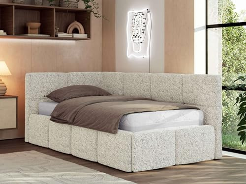 Jugendbett ARVO 90x200 cm mit Lattenrost und Bettkasten, Polsterbett mit gepolstertem Kopfteil und Gasdruckfedern, Eckbett mit Stauraum - mit Multipocket-Matratze - Beige Strukture - Linke Seite
