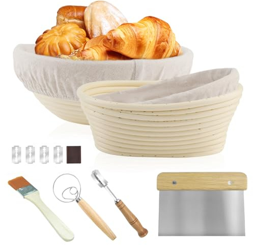 LEIMEND Cestino Lievitazione Pane 2 Pezzi Cestino Pane in Rattan Naturale | Con Impastatrice Fodera di Lino Raschietto per Impasto di Pane Pizza e Pasticceria (Rotondo da 23 cm e Ovale da 21 cm)