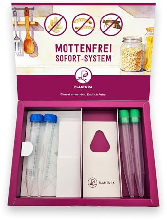 Plantura Mottenfrei Sofort-System 360° gegen Lebensmittelmotten, Einmalige Anwendung, Komplett Bekämpfung von Eiern, Larven & Faltern, mit 4 Nützlingen & Pheromonfallen, Größe S für Standardküchen