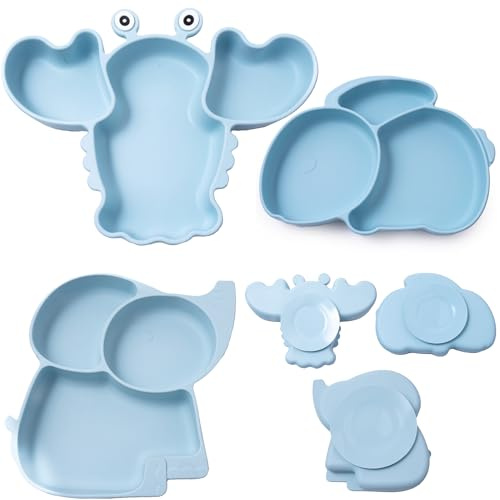 FREE EUPHORIA Plato Bebé con Ventosa de Silicona Antideslizante - Vajilla de Aprendizaje BLW con 3 Compartimentos - Diseño de Conejo, Elefante y Langosta, Sin BPA - Grado Alimentario LFGB