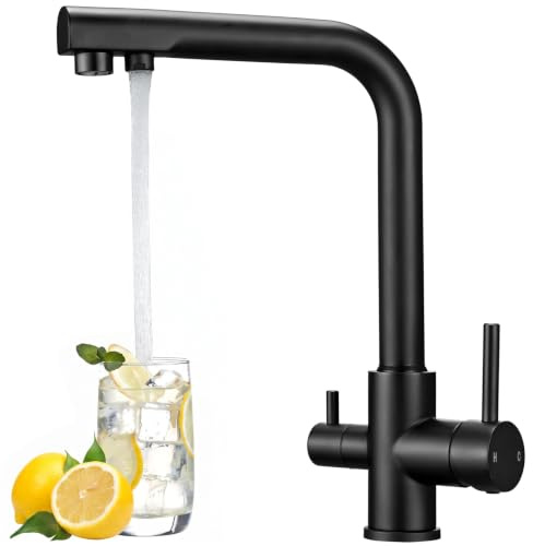 Hapilife 3 Way Kitchen Tap with Drinking Filtered Water Black Square Spout | 3 in 1 Triflow Kitchen Mixer Tap, Rustproof Stainless Steel with 2 Separate Outlets, 360° Swivel Space-saving for Modern Home