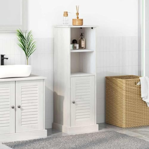 Kaloriko Vigo - Armario de baño (madera maciza, 37 x 34 x 110 cm, con 4 estantes y puerta, espacio para debajo del lavabo, muebles de baño), color blanco envejecido
