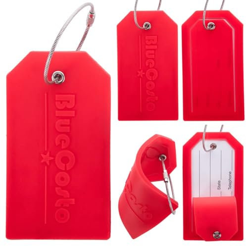 BlueCosto – Gepäckanhänger – groß, rot, 5 Stück – PVC-Kofferanhänger mit Sichtschutz und Edelstahl-Drahtschlaufen – personalisierte Gepäckkennzeichnung für Reisen – Rucksack-Namensetiketten