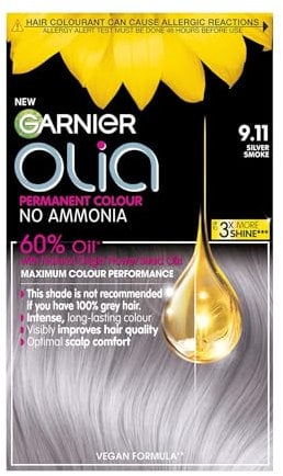 Garnier Olia Permanent Hair Dye, No Ammonia, Full Grey Coverage, Long-lasting Colour & Shine, Vegan Formula, Colour: 9.11 Silver Smoke, 230g