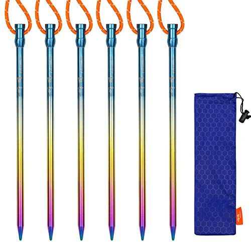 TiTo Titanium Outdoor Camping Straight Nail Pegs Stakes With Size 5mm/6mm Pack Of 6 (Colorful, 5.0×165mm)