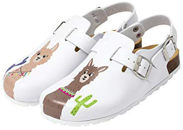 CLINIC DRESS Clog - Clogs Damen bunt weiß Motiv Lama oder Hund. Schuhe für Krankenschwestern, Ärzte oder Pflegekräfte weiß/bunt, Lama, 38
