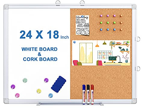 Magnetic White Board and Cork Board Combo, 24 X 18 inches Whiteboard Bulletin Combination Board, Wall Mounted Dry Erase Message Board for Home, School and Office