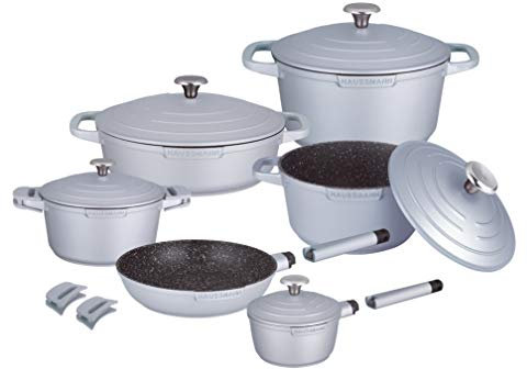 HAUSSMANN heritage® 15pièces Batterie de Cuisine,Haute qualités Revêtement façon Pierre- sans PFOA- poignée Amovible-Tous Feux Dont Induction adapté au Four (Gris, 15pièces)