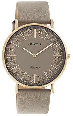 Oozoo Flache Vintage Damenuhr mit Lederband und glänzenden Elementen im Ziffernblatt 40 mm, C20130 – Rosa/Taupe/Taupe, Riemen