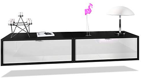 Vladon 2er-Set TV Board Lana 80, Made in Germany, Lowboards je 80 x 29 x 37 cm mit viel Stauraum, Korpus in Schwarz matt, Fronten in Weiß Hochglanz | Große Farbauswahl