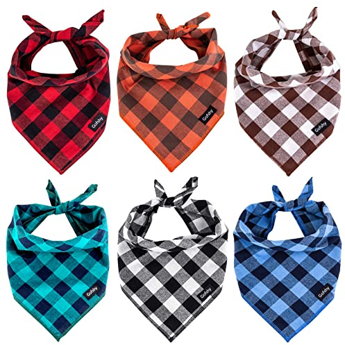 Gofshy Buffalo Plaid Dog Bandanas Fall Christmas Classic 6PCS Dog Gifts Red Blue Green Orange Black Brown Scarf Adjustable Kerchief for Small Medium Large Cats Puppy