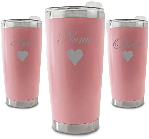 Personalised Engraved 500ml Light Pink Travel Cup with Name and Heart Design, Personalise with Any Name
