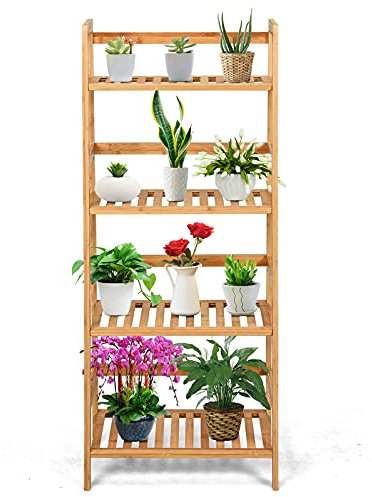GOPLUS Pflanzenregal mit 4 Ebenen, Blumenregal Standregal aus Bambus, Wetterfest, Korrosionsbeständig, Stabil, Multifunktional, für Blumentopf Pflanzen Bücher und mehr, Indoor & Outdoor (Natur)