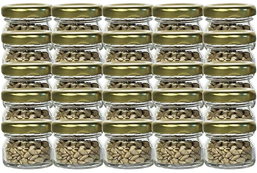 Vitrea 25er Set Mini Einmachgläser mit Schraubdeckel Gold 30 ml 4,3 x 3,5 cm (ØxH) Sturzgläser Gläser Rundgläser Marmeladengläser Senf (Gold)